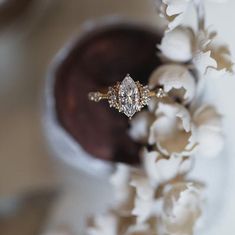 an engagement ring sitting on top of white flowers