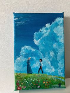 a painting of two people walking across a field under a blue sky with white clouds