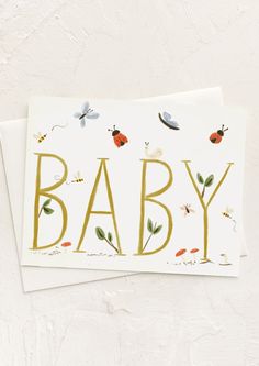 A greeting card with small cute bug print reading BABY in large text. New Baby Watercolor Card, Watercolour Baby Card, Baby Shower Watercolor Card, Baby Watercolor Card, Watercolour Crafts, Watercolor Baby Cards, New Baby Cards Handmade, Baby Shower Painting, Baby Shower Card Ideas