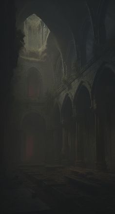 an image of a dark cathedral with light coming from the windows