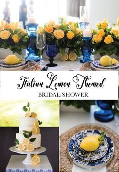 a collage of photos with yellow flowers and lemons on the top, in blue dishes