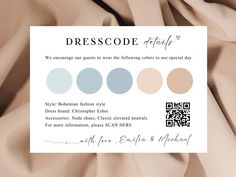 a dress code card with different colors on it's back side and an image of the label