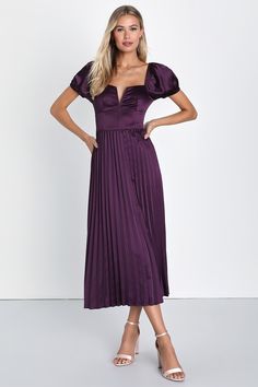 Flawless Forever Dark Purple Satin Pleated Midi Dress Dark Purple Dress Formal, Dark Purple Bridesmaid Dress, Dark Purple Dress, Dress For The Wedding, Dark Purple Dresses, Pleated Satin Dress, Fall Wedding Guest Dress, Purple Midi Dress, Evening Dresses Cocktail