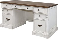 a white desk with drawers and a wooden top