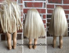 three different views of a blonde doll with long, straight hair and no shoes in front of a brick wall