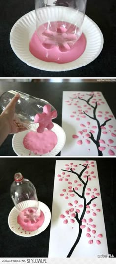 some paper plates with pink and black designs on them, one is made to look like a tree