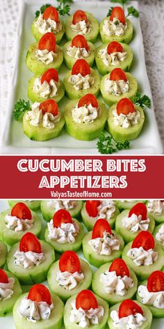 Beautifully colored, taste great, and still have essential nutrients. A standout dish for a party, placed strategically next to a meat side dish, it is quite refreshing. Cucumber Cheese Appetizer, Really Easy Appetizers, Easy Ordourves, Cucumber Appetizers Easy, Cucumber Bites With Cream Cheese, Appetizer With Cucumber, Appetizers Small Group, Afternoon Appetizers Simple, Healthy Snacks For Potluck