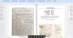 an open book with writing on it and other items in the page, including papers