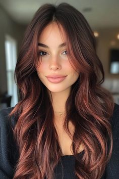 Balayage Inspiration: 16 Color Ideas for Brunette Hair Hair Cuts For Brunette Long Hair, Hair Colour For Long Straight Hair, Hair Inspo Color 2024, Dark Brown To Red Hair Before And After, Easy Maintenance Hair Color Brunette, Brunettes With Blonde Highlights, Auburn Balayage, Copper Balayage