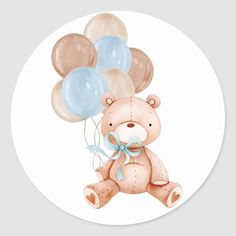 a brown teddy bear holding balloons in its paws