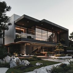 a modern house with large windows and lots of greenery in the front yard at dusk