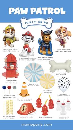 the ultimate paw patrol party guide is shown in blue and white, with pictures of puppies