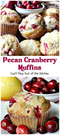 some cranberry muffins are on a plate and one has cherries