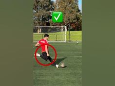 a man kicking a soccer ball on top of a green field with a red circle around him