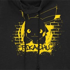 Gotta catch 'em all! Get into the game with the iconic world of Pokemon cards, video games, TV shows, and more with adorable new officially licensed apparel for the whole family featuring all your favorite Pokemon! This Juniors' Pokemon Pikachu Mural Graphic Cowl Neck Sweatshirt features a cool yellow spray-painted Pikachu mural printed on the front! Grab one of these new Pokemon tees today and be the envy of all your friends! Black Tops With Character Print For Fan Events, Black Pop Culture Tops For Fan Events, Black Casual Tops For Fan Events, Casual Black Top For Fan Events, Casual Black Tops For Fan Events, Black Gamer Tops With Logo Print, Black Anime Print Sweatshirt For Fans, Gamer Style Character Print Tops For Streetwear, Yellow Spray Paint