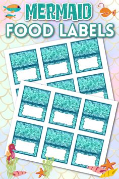 the mermaid food labels are set up on top of each other, with fish swimming around them