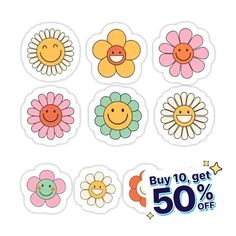 stickers with flowers and smiley faces are on the back of a white background for sale