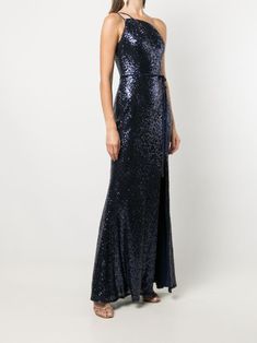 The Stilo gown in shiny midnight exudes elegance. Featuring a double strap detailed single shoulder, a glamorous leg slit, and luminous light-capturing sequins, this gown is a combination of refinement and youthfulness. Sparkly Gowns, Gown Skirt, High Hips, Metallic Dress, Bridesmaid Gown, Marchesa, Waist Tie, Skirt Length, Day Dresses