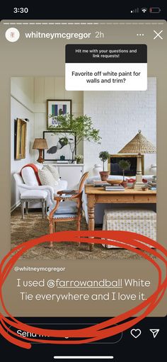 a living room filled with furniture and a red circle around the centerpiece that reads, i used @ farrowandballwhitre and i love it