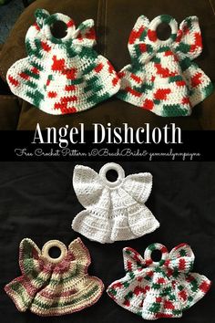 crocheted baby hats and bibs are shown in three different colors, with the words angel dishcloth written on them