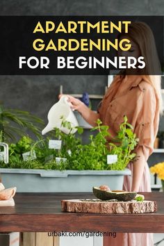 a woman watering plants with the words apartment gardening for beginners on top of it