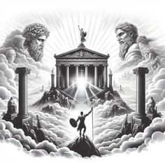 an illustration of two men standing on top of a mountain with columns and pillars in front of them