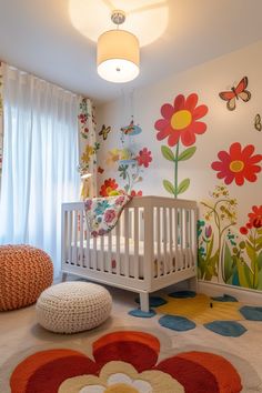 a baby's room with colorful flowers and butterflies on the wall, carpeted in white