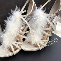 Gladys Vanlea Cream Suede Strappy Sandals With Feathers Down The Front. 3 1/2” Heel Feather Heels, Badgley Mischka Shoes, Badgley Mischka, Strappy Sandals, Shoes Women Heels, Feathers, Shoes Heels, Women Shoes, Sandals