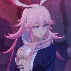 an anime character with pink hair and bunny ears holding a drink in front of her face