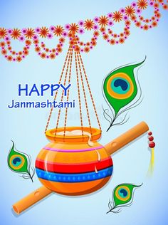 happy janmash greeting card with peacock feathers and pot royalty illustration