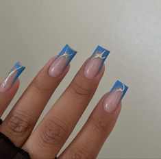 Silver Blue French Tip Nails, Blue French Tip Nails Square With Gems, Saturno Nails Blue, Blue And Silver Nail Designs French Tips, Metallic Blue French Nails, Blue French Design Nails, Saturno Nail Ideas, Bright Blue Nails Acrylic, Blue And Sliver Nails Ideas