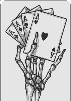 skeleton hand holding playing cards in black and white style with hearts on the back, as if it were from a card game