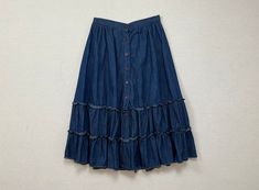 "1980's, denim button front, ruffle skirt.  Tag says size 11/12 (Women's), but please refer to measurements for accurate sizing.  100% cotton.  Made in California, USA.  Excellent condition. 13.5\" across waist 29.25\" long 24.5\" across hips 48\" across bottom" Ruffle Skirt, California Usa, Chicago Il, Art Collection, Womens Skirt, Bathing Beauties, Womens Sizes, California, Skirt