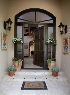 the entrance to a home with potted plants