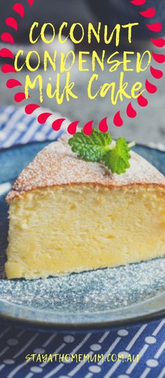 a close up of a slice of cake on a plate with the words coconut compressed milk cake