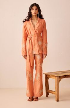 The Right Cut-Peach Yara Blazer Set-INDIASPOPUP.COM Peach Pants, Embroidered Trousers, Peach Blazer, Embroidered Leaf, Female Office, Embroidered Pants, Blazer Set, Indian Fashion Designers, Handmade Dresses