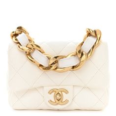 This is an authentic CHANEL Lambskin Quilted Mini CC Funky Town Flap in White. This chic bag classic is crafted of soft quiltedlambskin leather in white. It features a polished gold chain link leather threaded shoulder strap and a facing gold  Chanel CC turn lock. This flap opens to a beige fabric interior with a patch pocket. Gold Chanel, Leather Thread, Chic Bags, Beige Fabric, Free Bag, Lambskin Leather, White Bag, Chain Link, Gold Chain