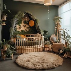 a baby crib in the corner of a room filled with plants