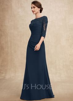 A-line Scoop Floor-Length Chiffon Lace Mother of the Bride Dress With Beading Pleated Sequins (008269016) - JJ's House Bride Dress Lace, Ruffle Beading, Beaded Chiffon, Mothers Dresses, Chiffon Ruffle, Dress Silhouette, Bride Dresses, Lace Ruffle, Chiffon Lace