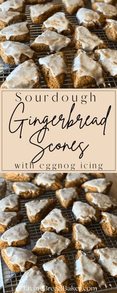 gingerbread cookies with white icing on a cooling rack and text overlay that reads sour dough gingerbread scones