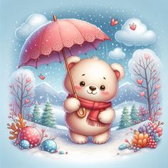 a teddy bear holding an umbrella in the snow