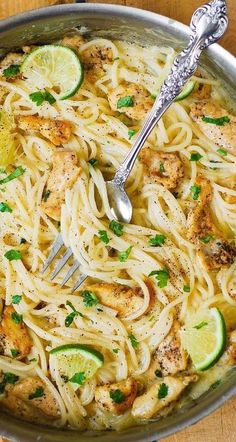 Cilantro-Lime Chicken Pasta in a stainless steel pan Delicious Spaghetti, Cilantro Lime Sauce, Creamy Chicken Pasta, White Cheese, Lime Sauce, Pasta Dinner Recipes, Chicken Dishes Recipes, Cilantro Lime