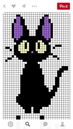 a black and white cat with purple ears on it's head is shown in the form of a cross stitch pattern