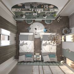 a bedroom with two twin beds in the middle and an overhead fan on the wall