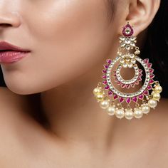 Pink And White Chand Baali Earrings Riana by Shikha Jindal - Fabilicious Fashion Fusion Style Chandbalis With Gota Work For Diwali, Elegant Zari Work Danglers For Diwali, White Fusion Style Chandbalis For Diwali, Elegant Danglers With Zari Work For Diwali, Elegant Zari Work Danglers, Elegant Pink Chandbalis With Cutdana, Diamond Danglers, Gold Earrings Indian, Traditional Indian Jewellery