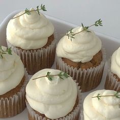 cupcakes with white frosting and sprigs on top