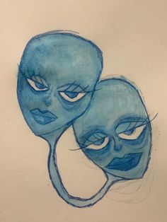 a drawing of two blue masks with eyes and one has the other's face partially closed