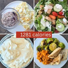 four pictures with different types of salads and other food items in the same collage