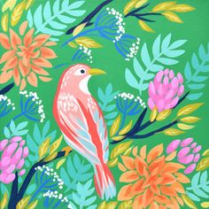 a painting of a bird sitting on a branch surrounded by colorful flowers and leaves in bright colors