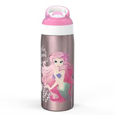 a stainless steel water bottle with a pink lid and an image of a mermaid on it